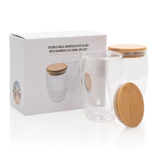 Vidrio promocional de borosilicato de doble pared y tapa bambú 350ml